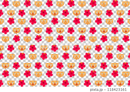 Cute Shisa and Hibiscus pattern background 118423161