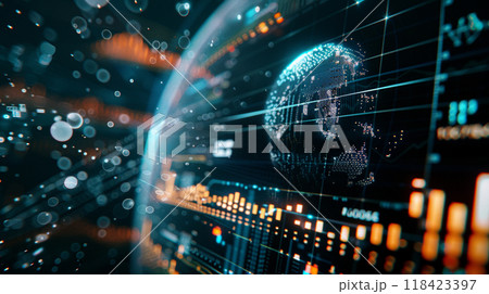 A computer screen shows a globe with a bunch of lines and numbers surrounding it 118423397