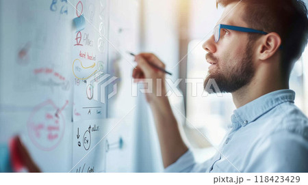 A man is writing on a whiteboard with a marker A man is writing on a whiteboard with a marker 118423429