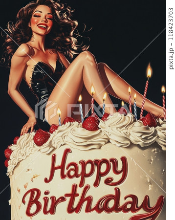 woman with cake, inscription "Happy Birthday" 118423703