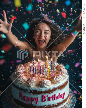 woman with cake, inscription "Happy Birthday" 118423707
