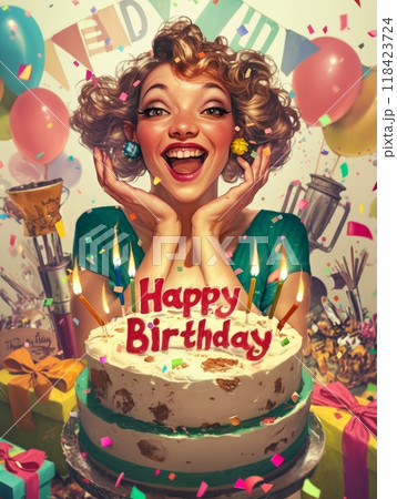 woman with cake, inscription "Happy Birthday" woman with cake, inscription "Happy Birthday" 118423724