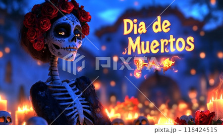 Woman on Day of the Dead. inscription "Dia de Muertos" Woman on Day of the Dead. inscription "Dia de Muertos" 118424515