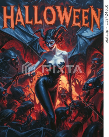 female demon in hell on halloween. inscription "HALLOWEEN" 118424610
