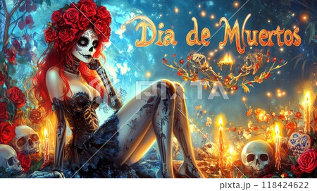 Woman on Day of the Dead.   inscription "Dia de Muertos" 118424622