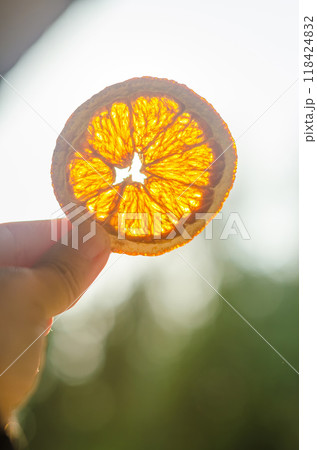 hand holding the slice of dry orange in the evening against the sun . High quality photo hand holding the slice of dry orange in the evening against the sun . High quality photo 118424832