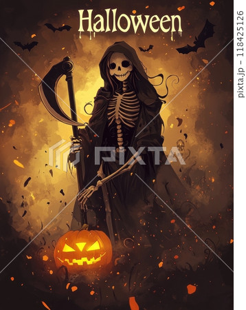 woman death with a scythe on Halloween night. woman death with a scythe on Halloween night. 118425126
