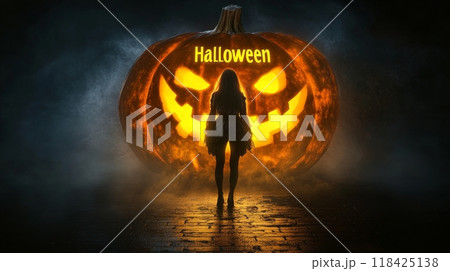 pumpkin lantern on halloween night. inscription "halloween" 118425138