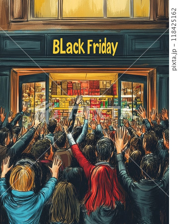 People in line at the store. The sign says "Black Friday" People in line at the store. The sign says "Black Friday" 118425162