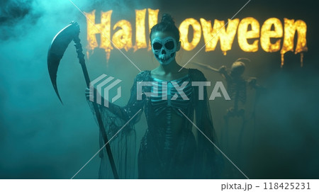 woman death with a scythe on Halloween night. 118425231