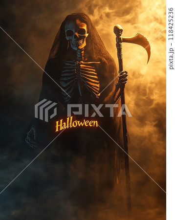 woman death with a scythe on Halloween night. woman death with a scythe on Halloween night. 118425236