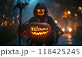 woman death with a scythe on Halloween night. 118425245