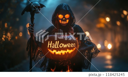 woman death with a scythe on Halloween night. woman death with a scythe on Halloween night. 118425245