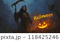woman death with a scythe on Halloween night. 118425246