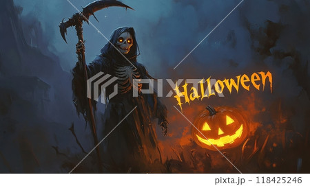 woman death with a scythe on Halloween night. 118425246