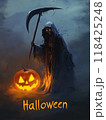 woman death with a scythe on Halloween night. 118425248