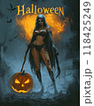 woman death with a scythe on Halloween night. 118425249