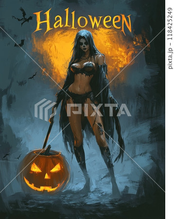 woman death with a scythe on Halloween night. woman death with a scythe on Halloween night. 118425249