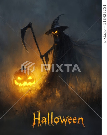woman death with a scythe on Halloween night. 118425251