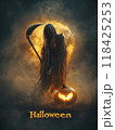 woman death with a scythe on Halloween night. 118425253