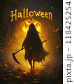 woman death with a scythe on Halloween night. 118425254