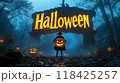 pumpkin lantern on halloween night. inscription "halloween" 118425257