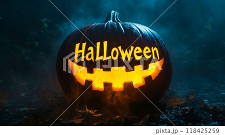 pumpkin lantern on halloween night. inscription "halloween" 118425259