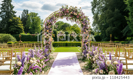 Wedding Ceremony Decorated with Lavender Flowers in the garden. Holiday concept 118425443