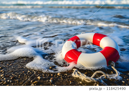 lifebuoy on a beach with surf and clear blue sea in the background 118425490