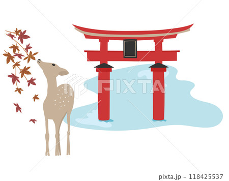 安芸の宮島、厳島神社の鳥居と紅葉と鹿 安芸の宮島、厳島神社の鳥居と紅葉と鹿 118425537