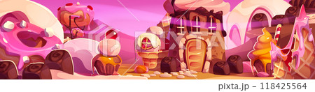 Game candy land scene with royal castle 118425564
