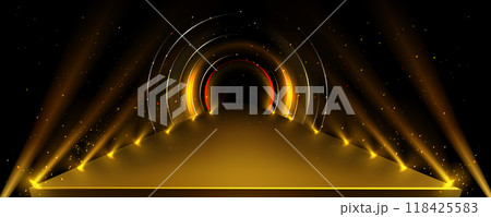 Stage catwalk with gold spotlight beams 118425583