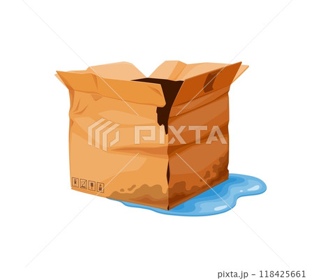 Wet and damaged crumpled box. Vector soggy cardboard parcel with water damage at its base, partially open and sitting in a small puddle, symbolizing fragility and the impact of moisture on packaging Wet and damaged crumpled box. Vector soggy cardboard parcel with water damage at its base, partially open and sitting in a small puddle, symbolizing fragility and the impact of moisture on packaging 118425661
