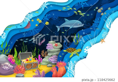 Cartoon treasure chest and sea animals at paper cut underwater landscape. 3d vector bright wavy papercut frame with tropical marine life. Landscape with dolphin, turtle, squid, fish shoal and seaweeds Cartoon treasure chest and sea animals at paper cut underwater landscape. 3d vector bright wavy papercut frame with tropical marine life. Landscape with dolphin, turtle, squid, fish shoal and seaweeds 118425662