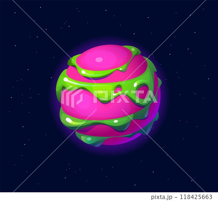 Cartoon fantasy galaxy alien space planet. Vector vibrant pink and green whimsical, otherworldly sci fi celestial sphere with liquid-like surface and toxic drips, floating against a starry backdrop 118425663