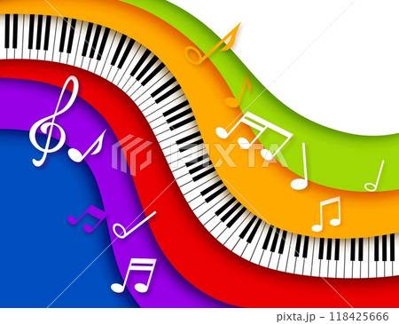 Paper cut music piano. Vibrant background featuring colorful 3d vector papercut waves, musical notes, treble clef and piano keys for concert invitation or classic musical festival performance promo Paper cut music piano. Vibrant background featuring colorful 3d vector papercut waves, musical notes, treble clef and piano keys for concert invitation or classic musical festival performance promo 118425666