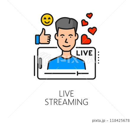 Social media blogging or line streaming line icon. Blogger influence, web multimedia technology or Internet blogging linear vector icon. Social media video thin line pictogram with streamer character 118425678