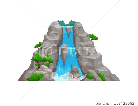 Waterfall cascading down a rocky mountain, surrounded by vibrant green plants and trees. Cartoon vector serene landscape of a jungle or prehistoric era environment, game assets or natural element Waterfall cascading down a rocky mountain, surrounded by vibrant green plants and trees. Cartoon vector serene landscape of a jungle or prehistoric era environment, game assets or natural element 118425682