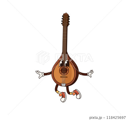 Cartoon mandolin groovy musical instrument character. Isolated vector plucked fantasy retro personage with long vulture and strings. Asian smiling oriental instrument for playing ethnic or folk music 118425697
