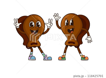 Cartoon castanets groovy musical instrument characters. Isolated vector funny percussion music tools of Latin America. Spanish culture, art and tradition friends personages flashing positive gestures 118425701