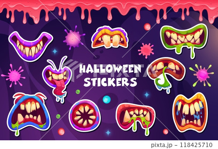 Stickers pack of Halloween monster mouth with drool jaws, dripping saliva and sticking tongues. Cartoon vector adhesive patches of spooky lips and maws, fun and eerie alien, zombie or monster mouths Stickers pack of Halloween monster mouth with drool jaws, dripping saliva and sticking tongues. Cartoon vector adhesive patches of spooky lips and maws, fun and eerie alien, zombie or monster mouths 118425710