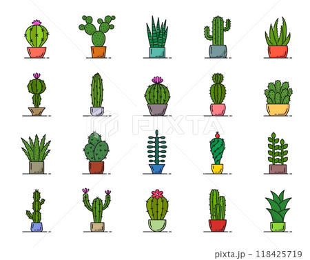 Color Mexican cactus succulent line icons. Vector set of potted desert home cacti plants. Colorful spiky houseplants like barrel and prickly pear cactus, sansevieria snake plant, saguaro and aloe vera 118425719