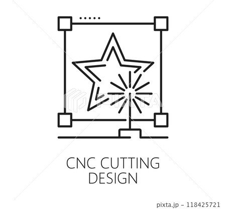CNC cutting design production equipment line icon. CNC marking metalwork industry thin line symbol, laser cutting production technology or steel etching manufacture equipment linear vector icon CNC cutting design production equipment line icon. CNC marking metalwork industry thin line symbol, laser cutting production technology or steel etching manufacture equipment linear vector icon 118425721