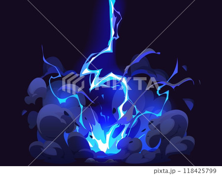 Cartoon blue electric thunder bolt effect, thunderstorm lightning. Vector vibrant striking lightning bolt, capturing the power and intensity of a thunderstorm energy, weather, and electricity impact Cartoon blue electric thunder bolt effect, thunderstorm lightning. Vector vibrant striking lightning bolt, capturing the power and intensity of a thunderstorm energy, weather, and electricity impact 118425799