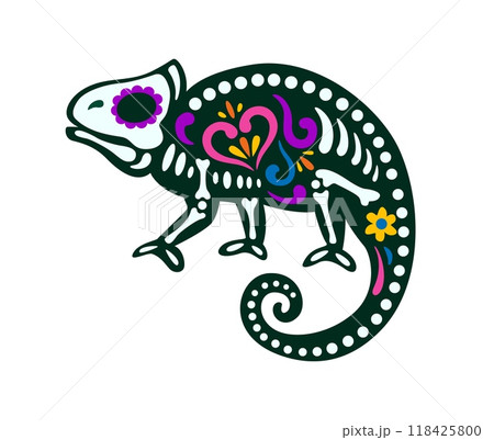 Mexican day of the dead chameleon animal tattoo. Vector Halloween reptilian Dia de los Muertos sugar skull. Tropical lizard figure with skeletal bones and vibrant floral pattern in alebrije folk style Mexican day of the dead chameleon animal tattoo. Vector Halloween reptilian Dia de los Muertos sugar skull. Tropical lizard figure with skeletal bones and vibrant floral pattern in alebrije folk style 118425800