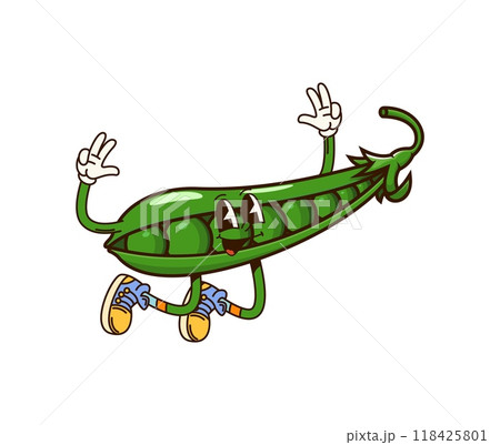 Groovy green pea vegetable character cheerfully jumping, displaying juicy grains inside of the open pod. Isolated cartoon vector playful veg personage wearing sneakers, conveys fun healthy eating vibe 118425801
