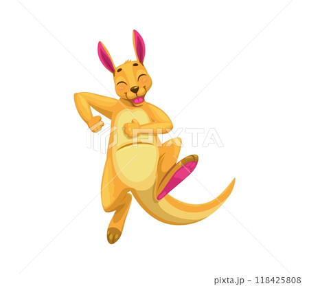 Cartoon funny kangaroo animal character mid-jump. Isolated vector australian animal wallaby funny and cheerful personage featuring exudes energy and happiness. Smiling comic wallaroo jumping motion 118425808