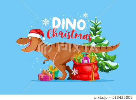Dino Christmas greetings, T-rex dinosaur Santa with gifts for winter holiday, cartoon vector. Jurassic dino lizard or happy tyrannosaurus Rex as Santasaurus with Christmas pine tree, snowflakes 118425809