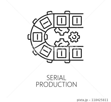 Manufacture, automatic and manual serial production line icon. Plant assembly line automatic machinery, factory manual production equipment or robot automation vector symbol with boxes on conveyor Manufacture, automatic and manual serial production line icon. Plant assembly line automatic machinery, factory manual production equipment or robot automation vector symbol with boxes on conveyor 118425811