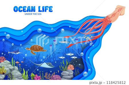 Cartoon squid and sea animals at underwater landscape. 3d vector paper cut scene featuring marine creatures as giant squid, ocean turtle, stingray, and fish, surrounded by colorful coral and bubbles 118425812